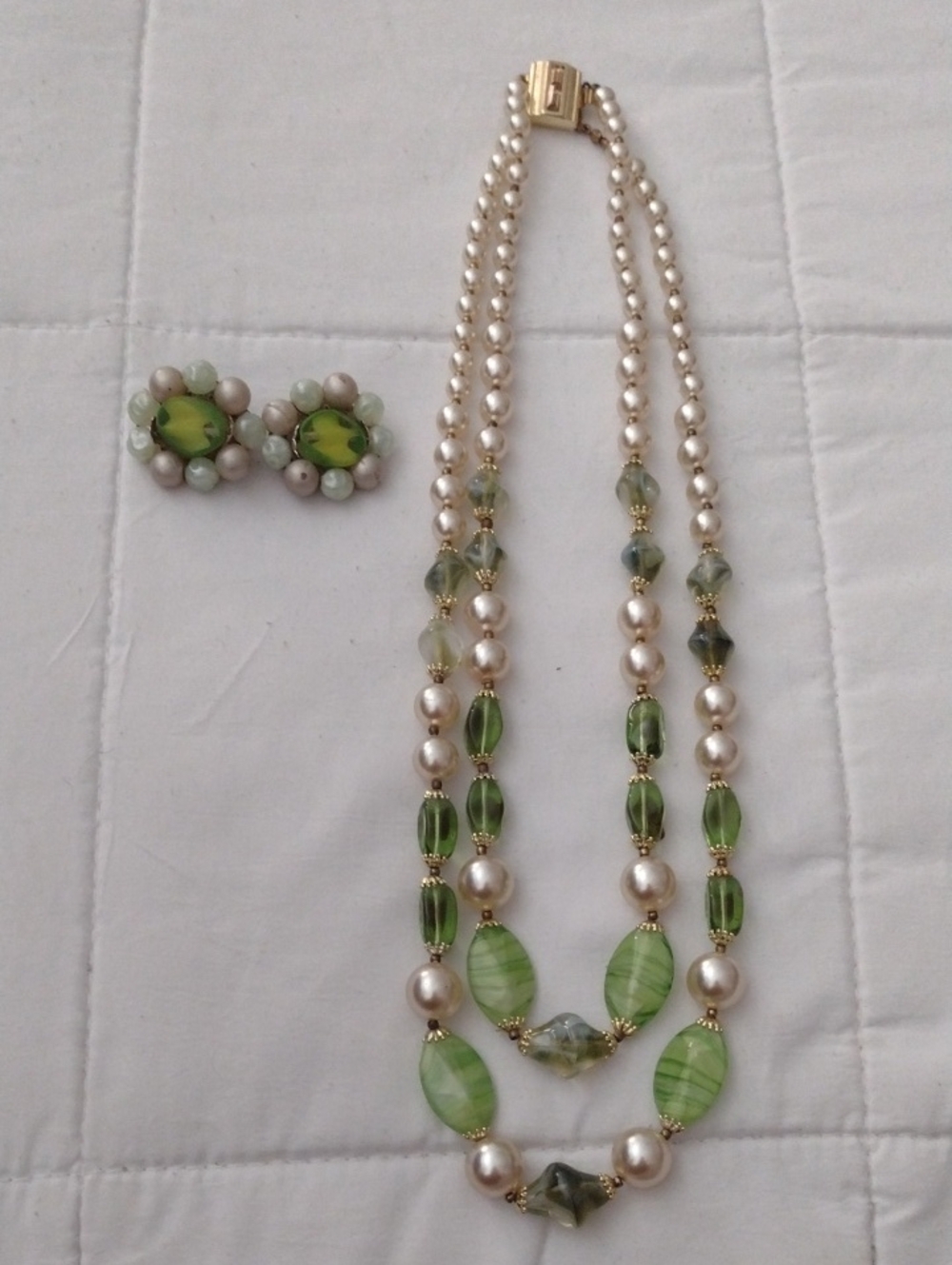 Vintage Pearl & Green Bead Layered Necklace, Matching Earrings  Made In Germany